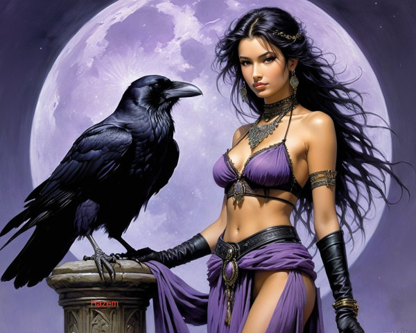 Mysterious Woman and Raven Under Full Moon Glow
