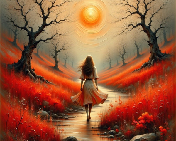 Woman in White Dress Walking Through Vibrant Landscape