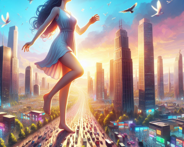 Giant Woman Walking Over Busy Highway at Sunset