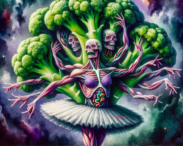 Surreal Artwork of Broccoli Tree with Skeletal Figures