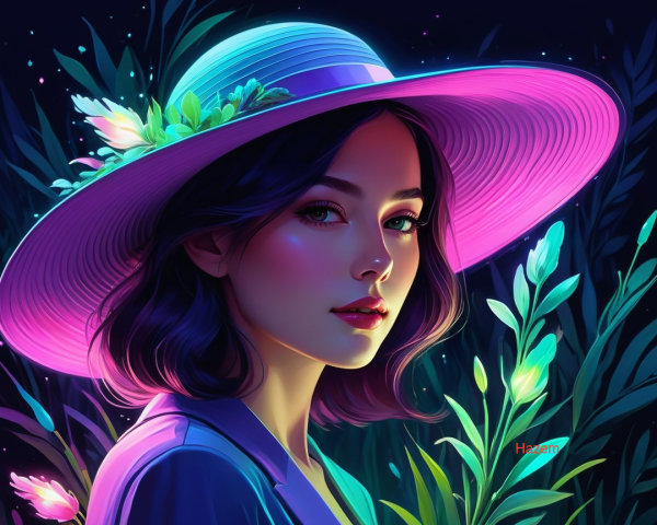 Young Woman in Floral Hat Surrounded by Vibrant Foliage