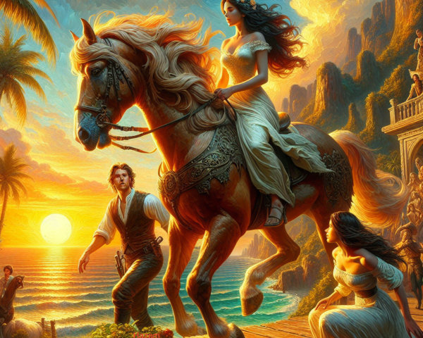 Painting of Woman on Horse at Sunset by Ocean