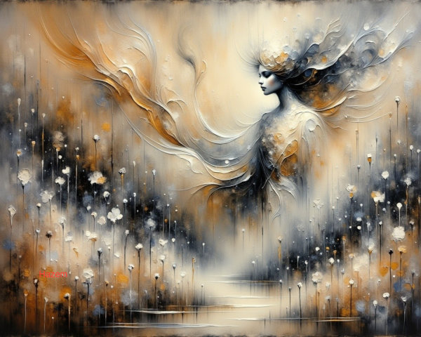 Surreal Painting of Graceful Figure with Floral Motifs