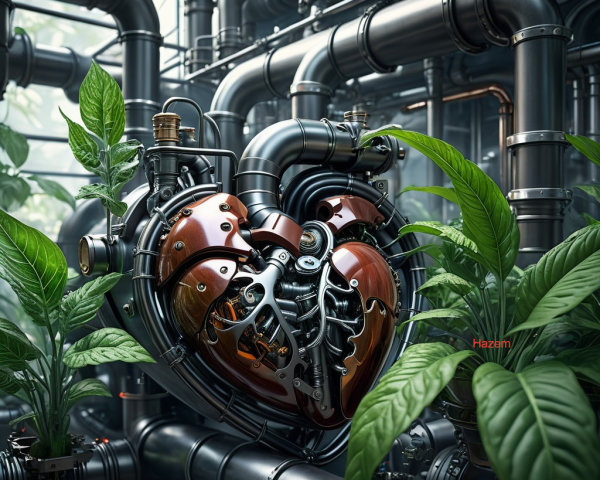 Steampunk Heart with Gears and Green Plants in Art