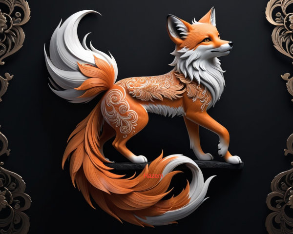 Stylized fox with floral patterns on dark background