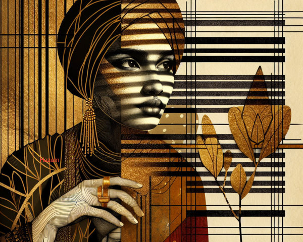 Art Deco Portrait of Woman in Black and Gold Attire