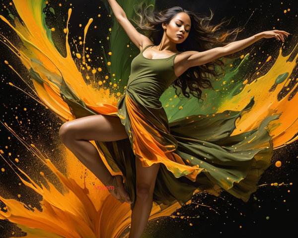 Dancer in Flowing Dress with Vibrant Paint Splashes