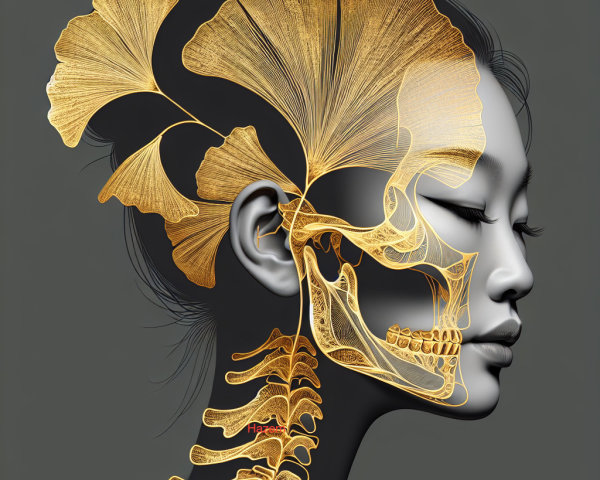 Profile of a Woman with Ginkgo Leaves and Skull Design