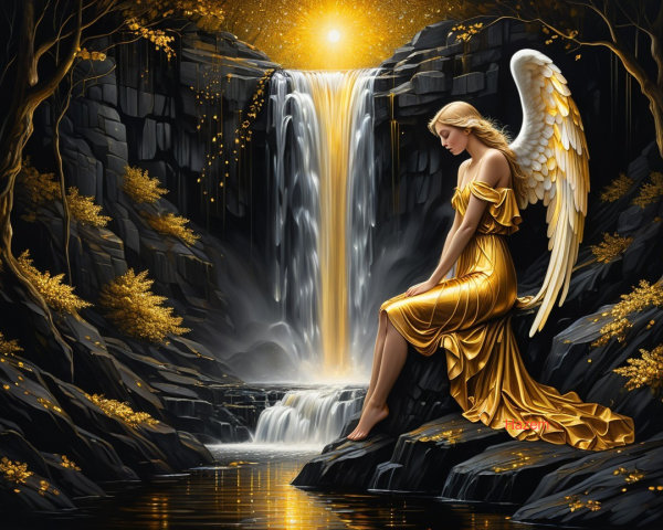 Dark Magical Realism Painting of an Angel by Waterfall