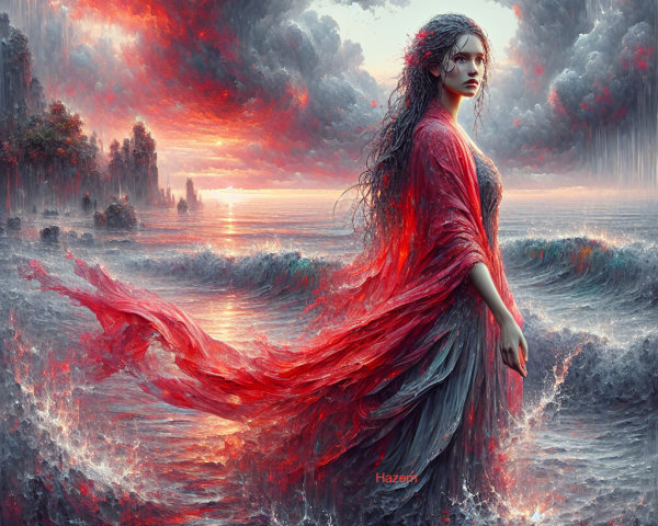 Mystical Figure by Turbulent Ocean with Dramatic Sky
