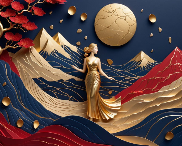 Three-Dimensional Scene with Golden Woman Figure