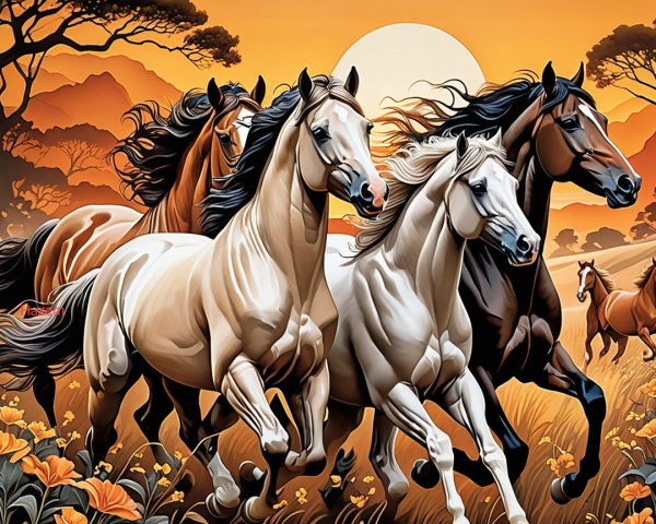 Stained Glass Painting of Wild Horses at Sunset