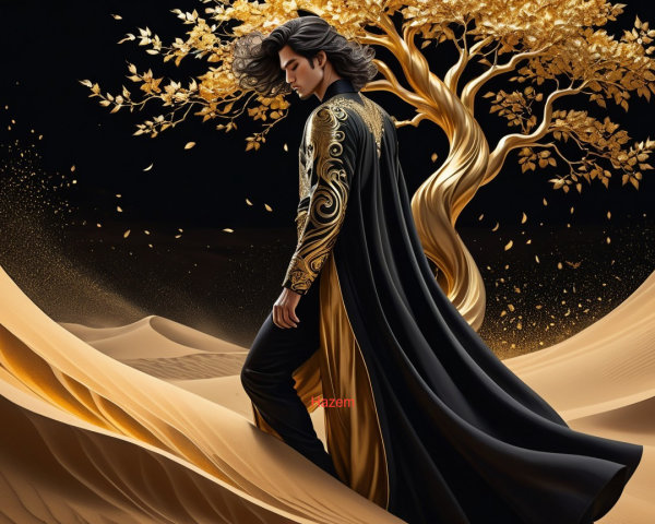 Desert Scene with Cloaked Figure and Golden Tree