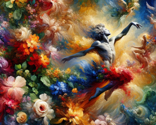 Ethereal Figure Dancing Amidst Colorful Floral Patterns