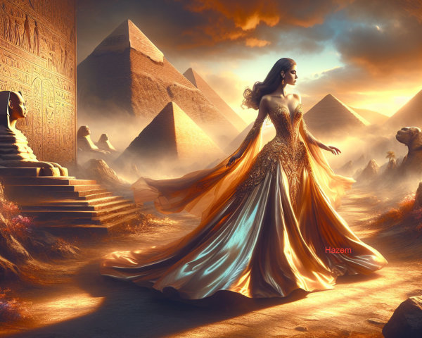 Elegant figure in gown among ancient pyramids and sphinxes