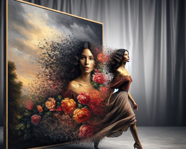 Woman Transitions from Painting to Reality with Roses