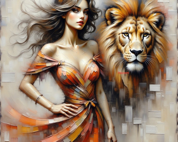 Elegant Woman in Orange Dress with Lion's Head