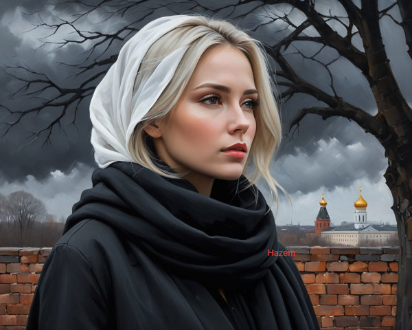 Young Woman in White Scarf Against Dramatic Sky