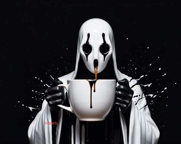 Ghostly Figure in White Cloak with Dark Liquid Spill