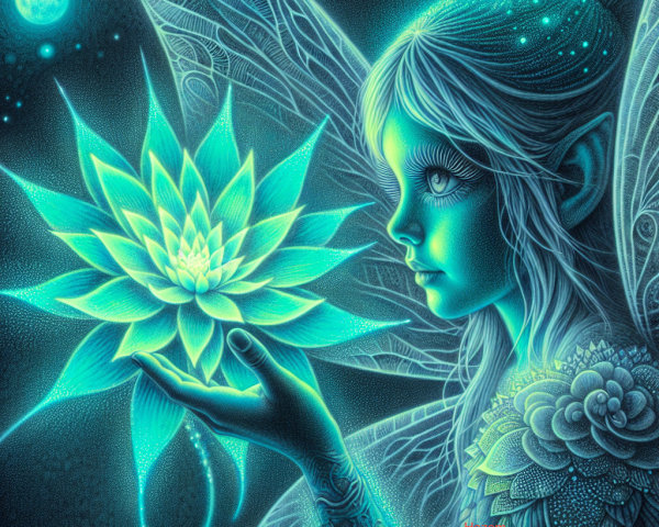 Mystical Fairy with Glowing Lotus and Starry Sky