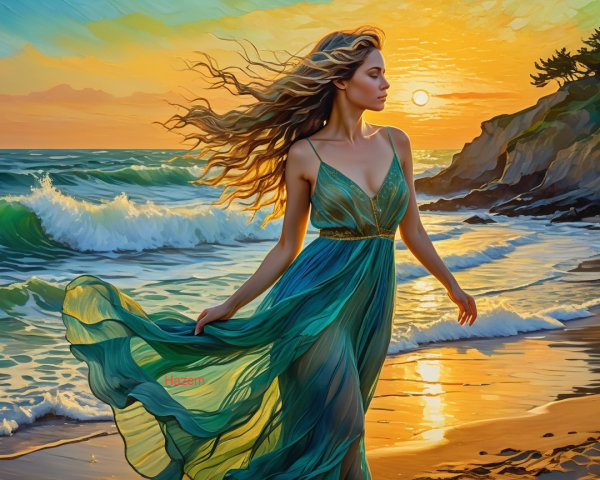 Woman in Green Dress on Sunset Beach Scene
