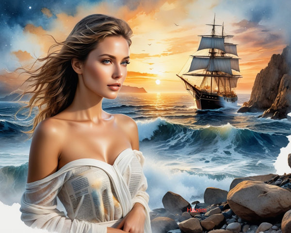 Portrait of a Woman in Off-White Dress with Ruffles