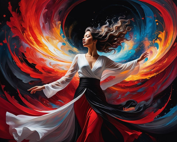 Dynamic Dance in Flowing White and Red Attire