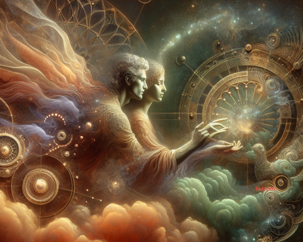 Ethereal Figures in Cosmic Swirl and Geometric Patterns