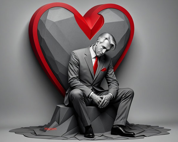 Monochrome Scene of a Man with Geometric Heart Background