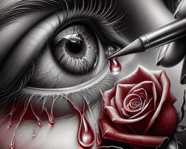 Grayscale Portrait of an Eye with Red Tears and Rose