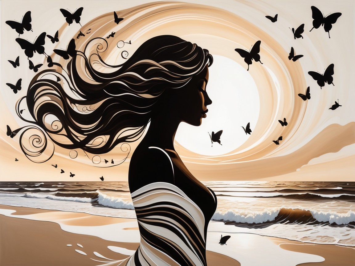 Silhouette of Woman on Shore with Butterflies at Sunset