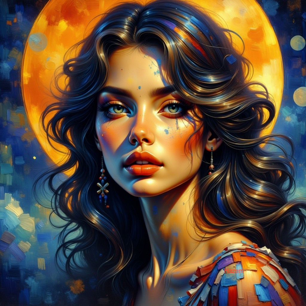 Portrait of a Young Woman Under a Glowing Moon