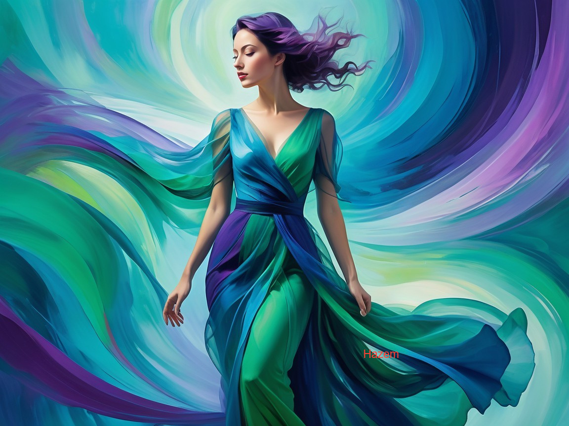 Elegant Woman in Flowing Blue-Green Gown
