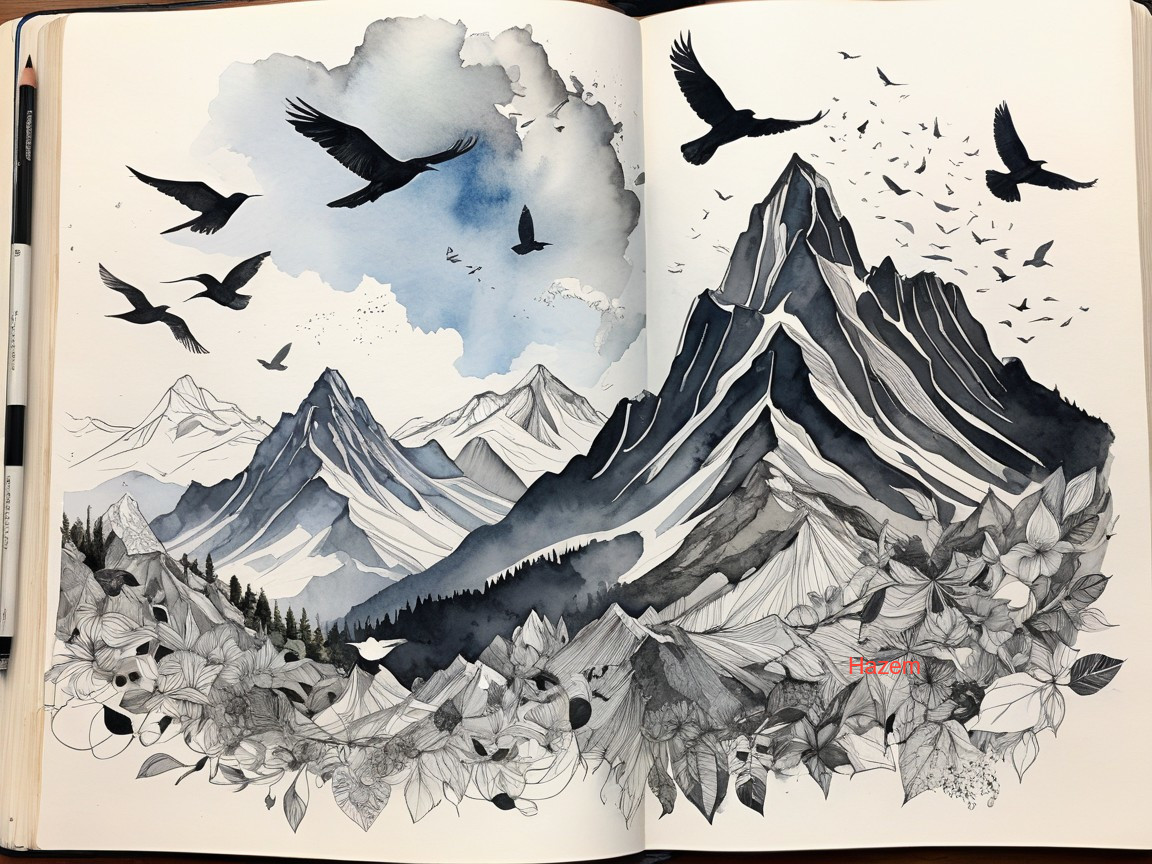 Monochromatic Mountain Landscape with Floral Details