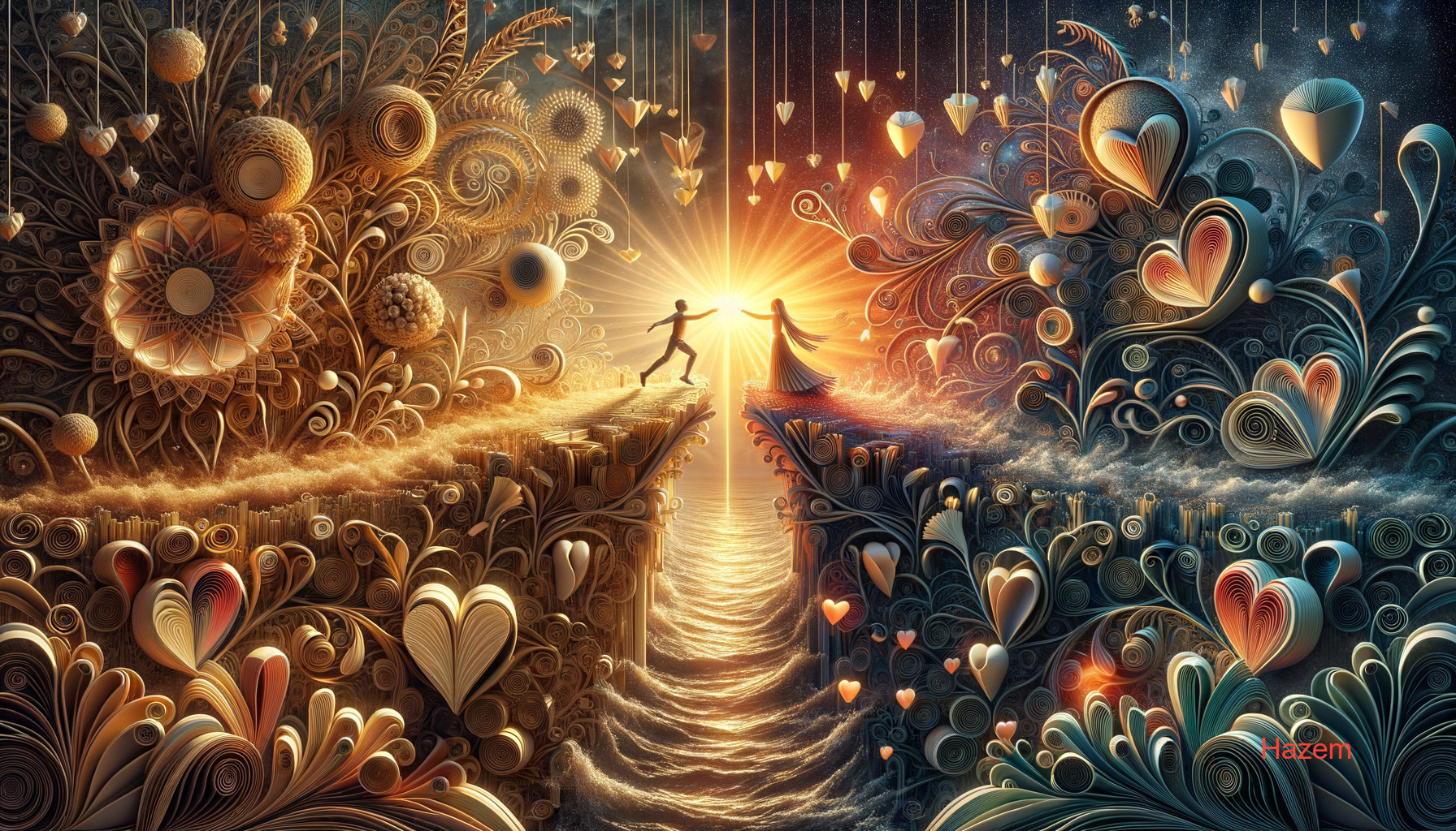 Silhouetted figures holding hands on bridge in vibrant, fantastical landscape