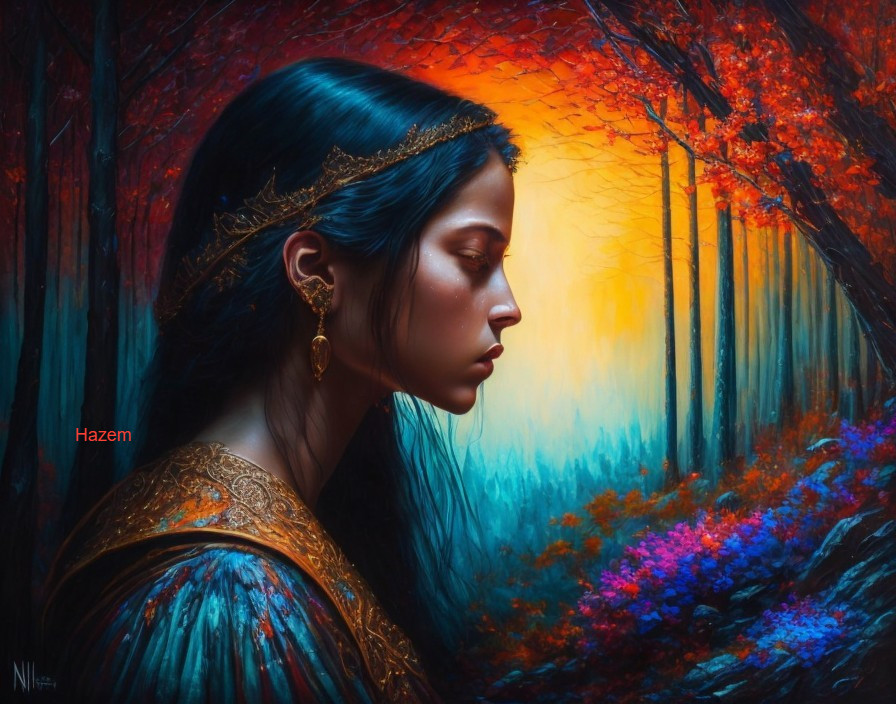 Woman in golden headpiece against autumn forest with blue flowers