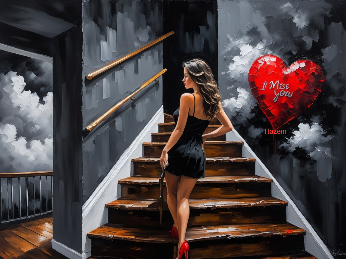 Moody Staircase with Woman in Black Dress and Heart