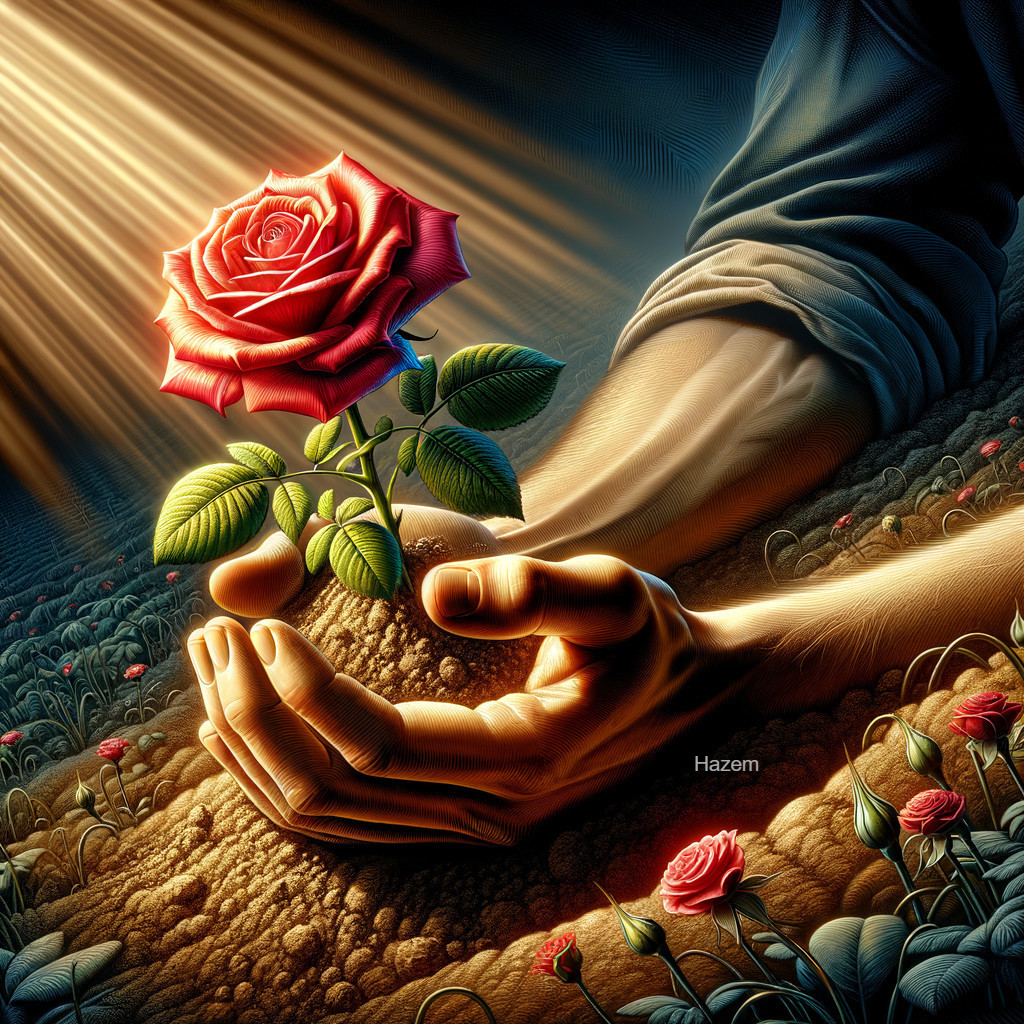 Red Rose in Hand Surrounded by Dark Soil and Light