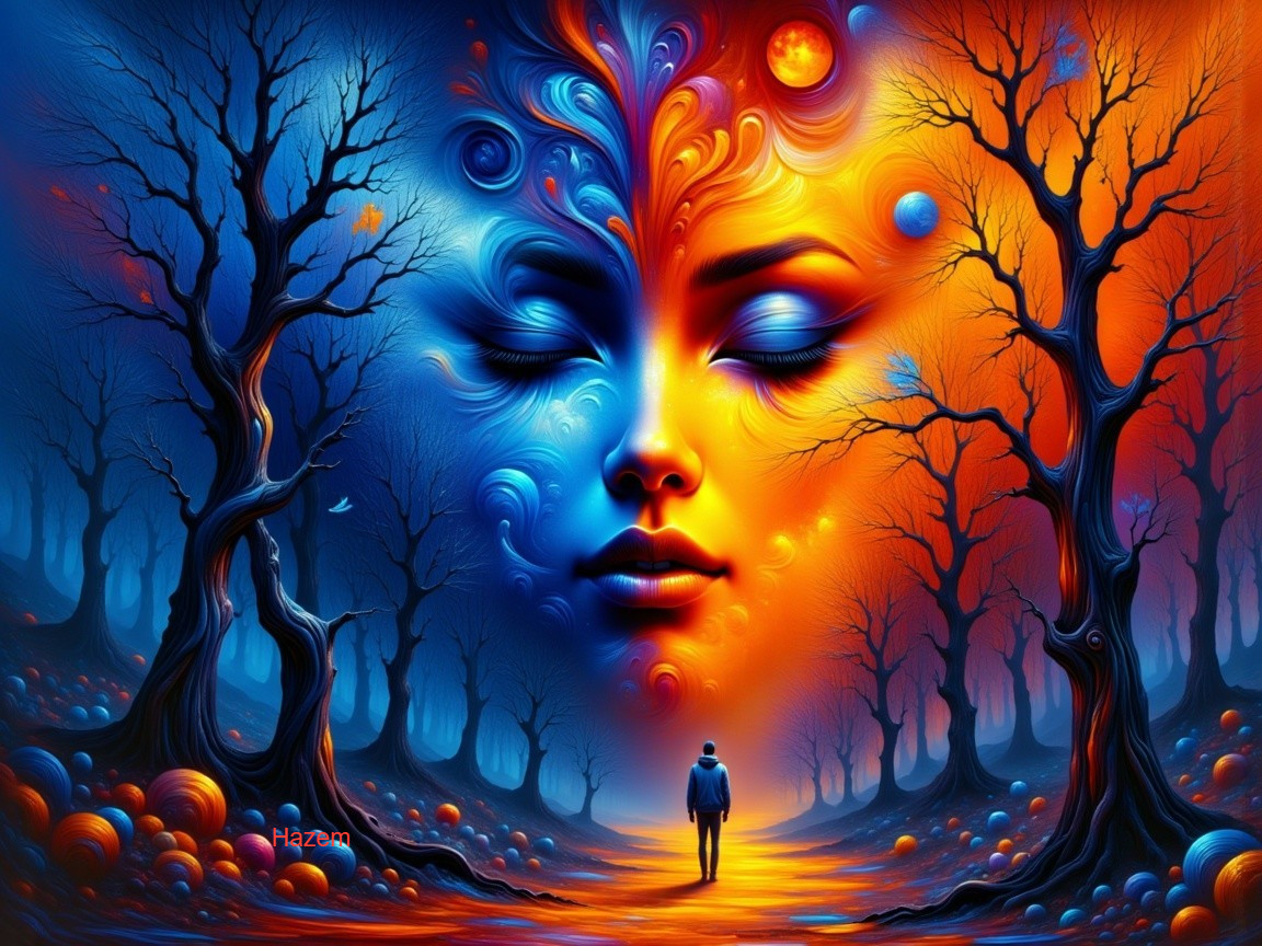 Surreal Landscape with Serene Female Face and Cosmic Elements