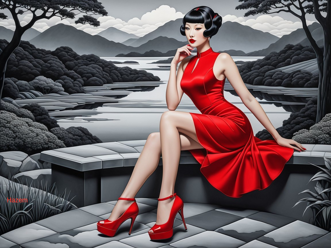 Woman in Red Dress on Stone Bench in Monochrome Landscape