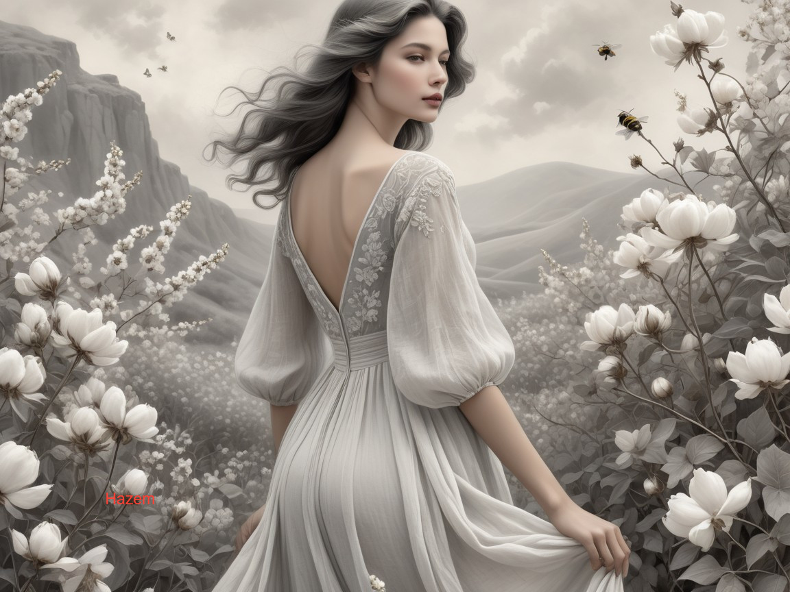 Young Woman in White Dress in Flower Field