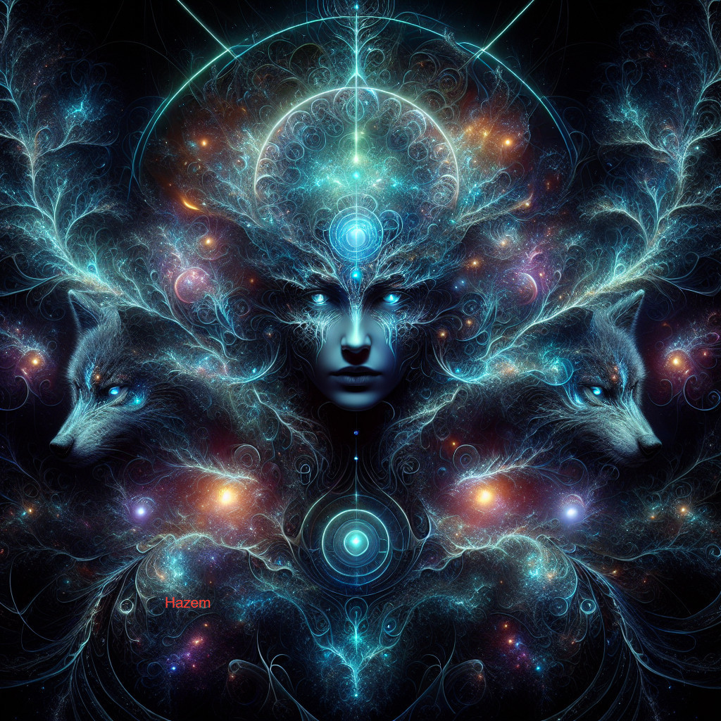Cosmic Artwork with Serene Figure and Ethereal Wolves