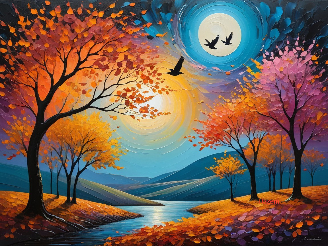 Vibrant Dusk Landscape with Autumn Trees and River