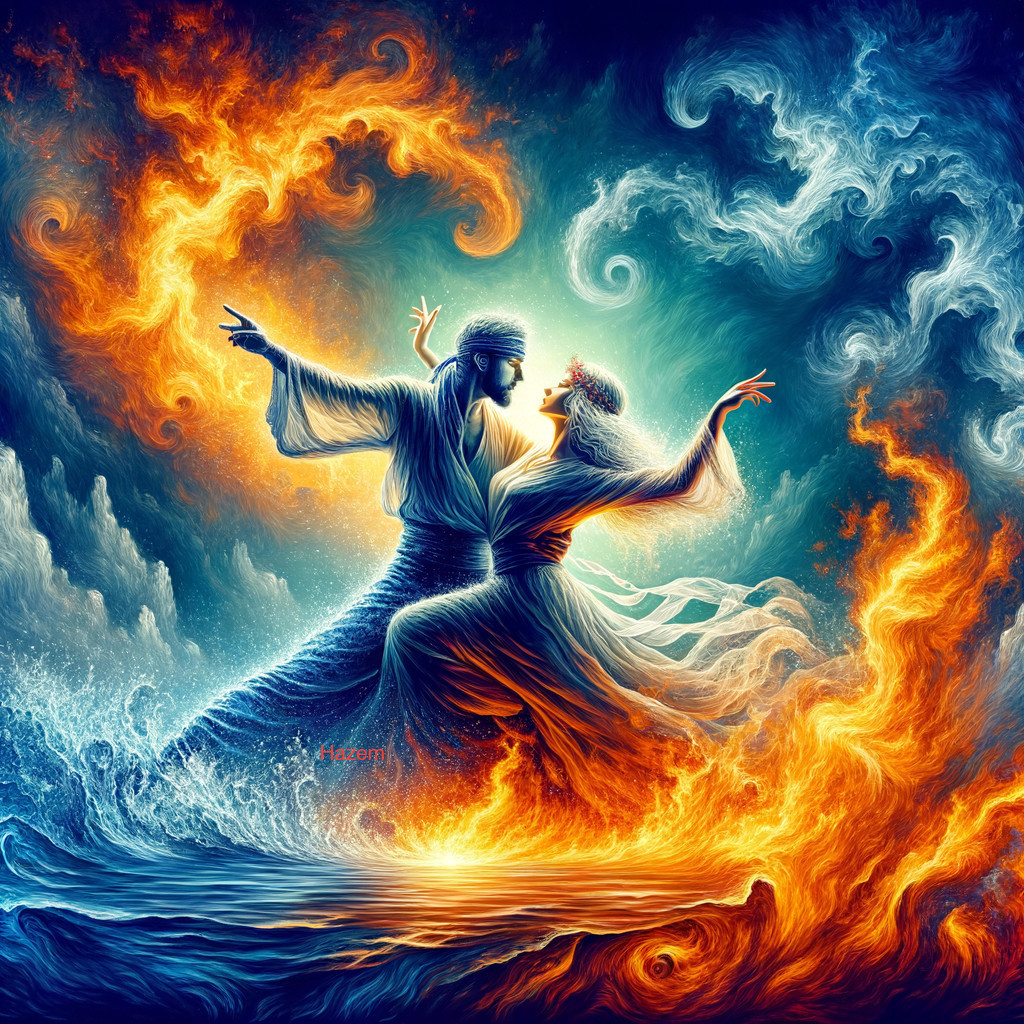 Couple Dancing Among Fire and Water Elements