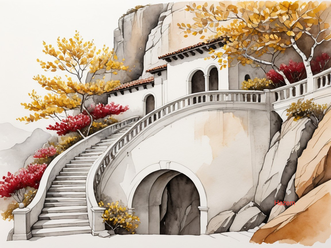 Scenic Staircase in Autumn Landscape with Architecture