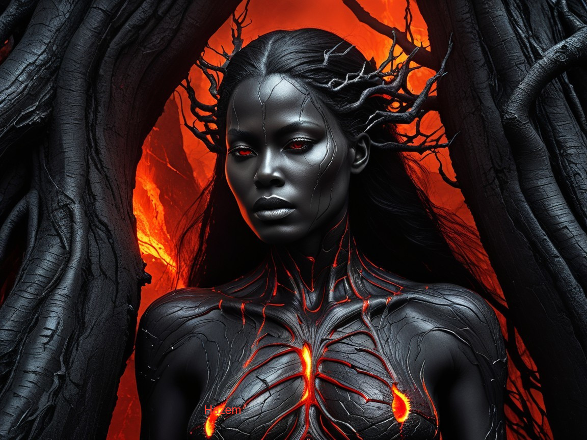 Surreal Figure in Volcanic Landscape with Fiery Features