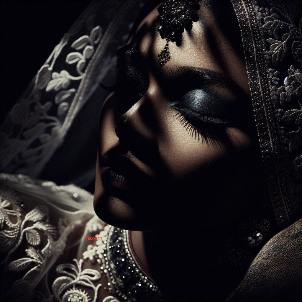 Close-up of a woman's face with intricate makeup and veil