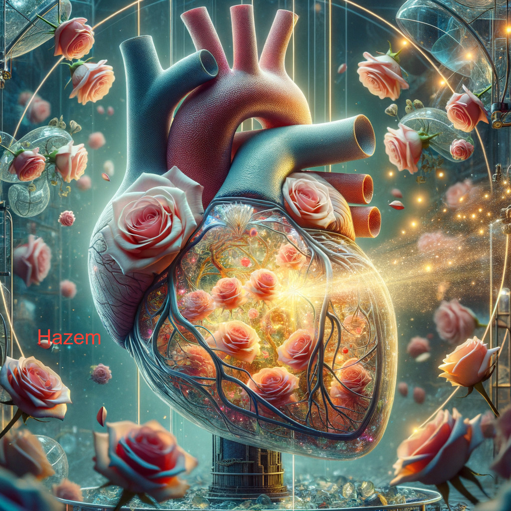 3D anatomical heart with roses and vines in glass structure