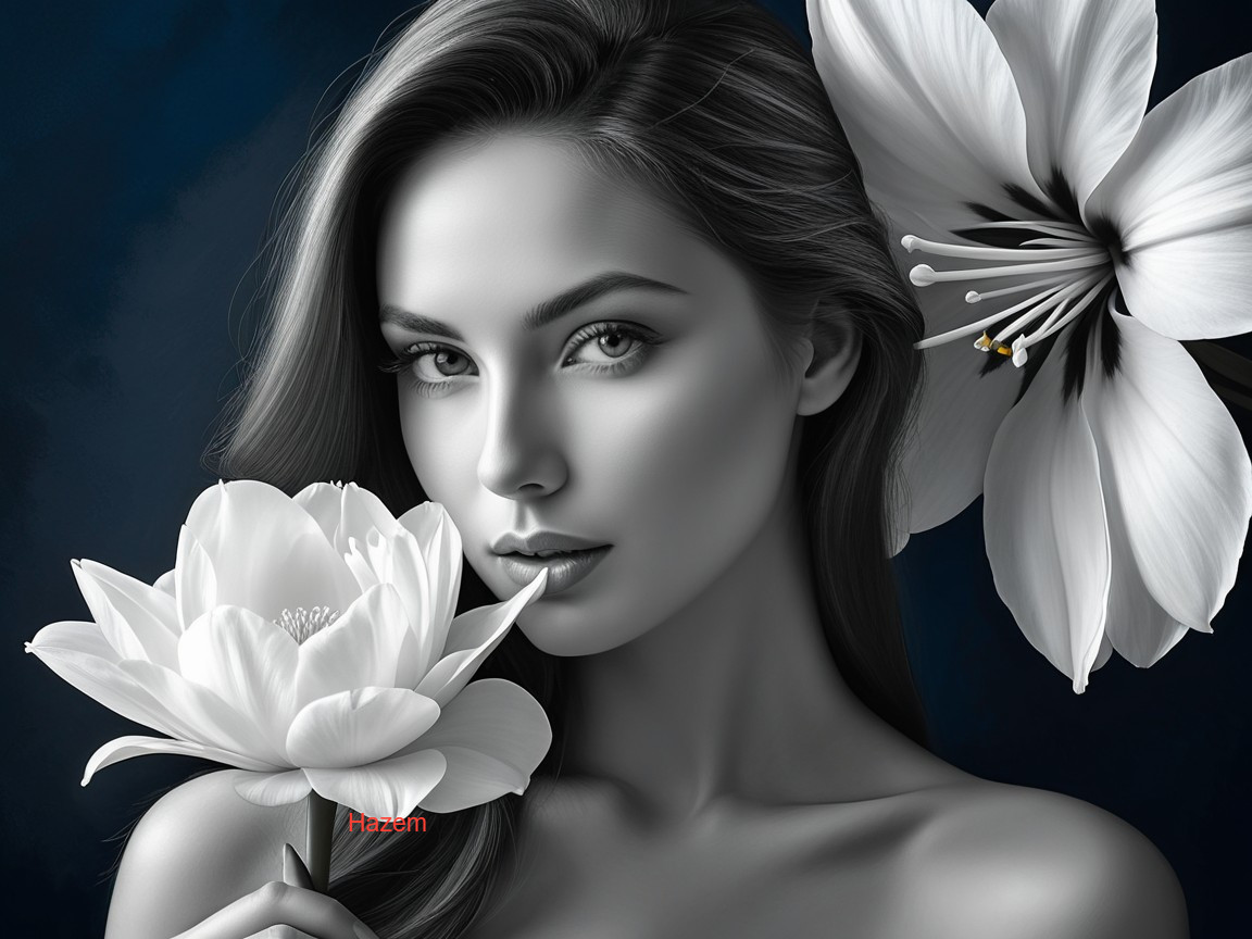Black-and-white portrait of a woman with flowers