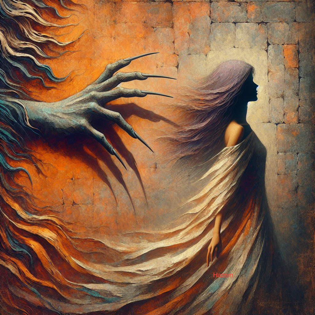 Mysterious Scene with Shadowy Hand and Graceful Woman